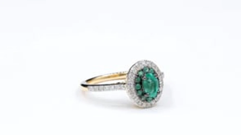 Double Halo Emerald and Diamond Ring 10K Yellow Gold