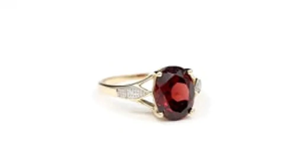 Oval Garnet Ring with Diamond Accents 10K Yellow Gold