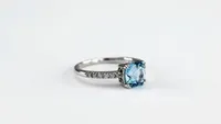 Cushion Shaped Blue Topaz and Diamond Ring 10K White Gold