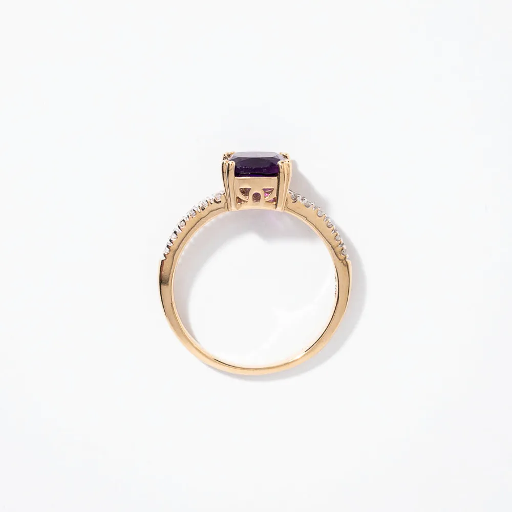 Cushion Shaped Amethyst Ring With Diamond Accents 10K Yellow Gold