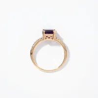 Cushion Shaped Amethyst Ring With Diamond Accents 10K Yellow Gold