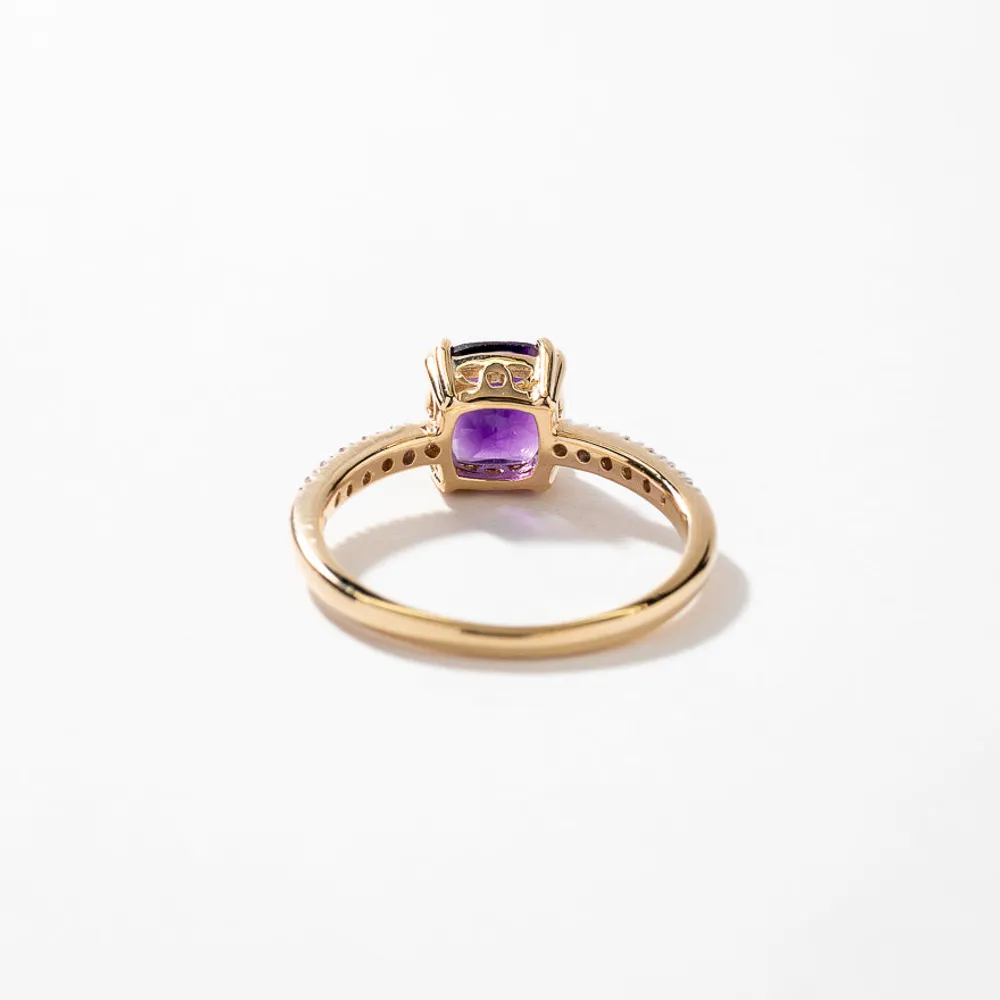 Cushion Shaped Amethyst Ring With Diamond Accents 10K Yellow Gold