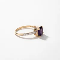 Cushion Shaped Amethyst Ring With Diamond Accents 10K Yellow Gold