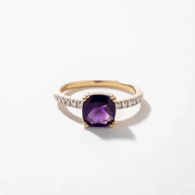 Cushion Shaped Amethyst Ring With Diamond Accents 10K Yellow Gold