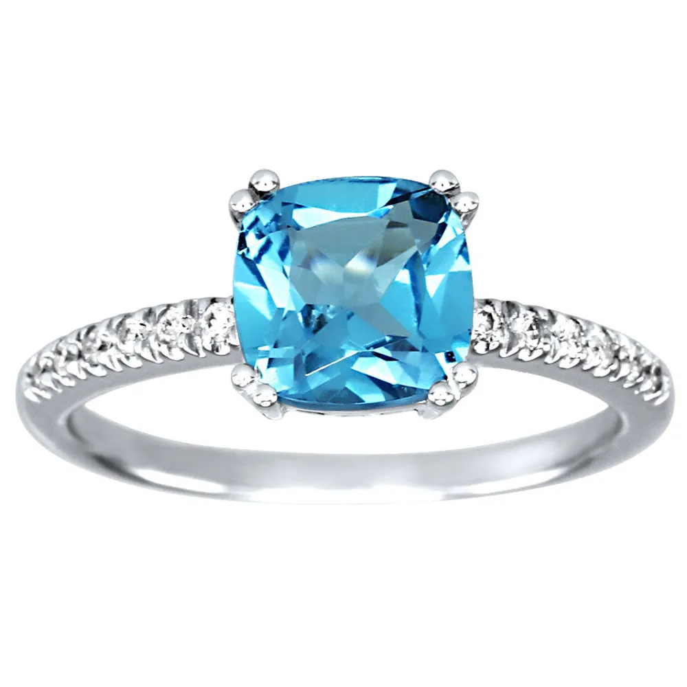 Cushion Shaped Blue Topaz and Diamond Ring 10K White Gold