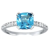 Cushion Shaped Blue Topaz and Diamond Ring 10K White Gold