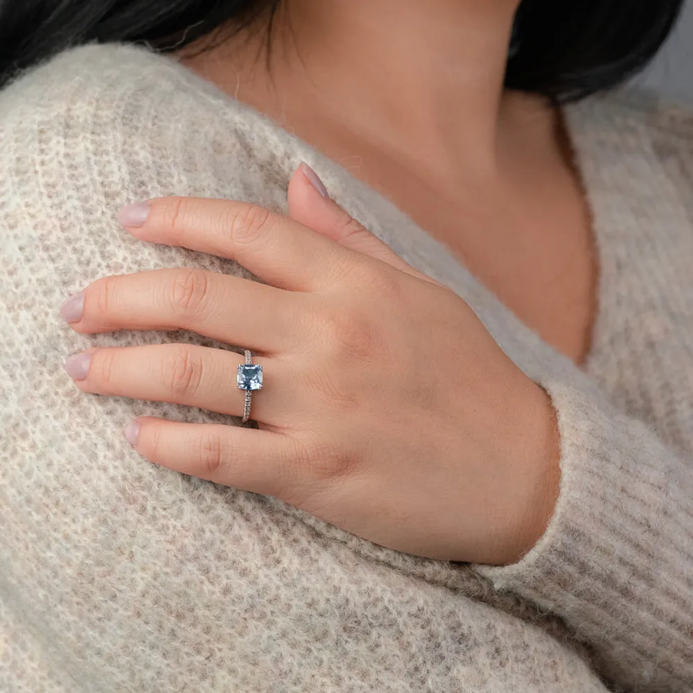 Cushion Shaped Blue Topaz and Diamond Ring 10K White Gold