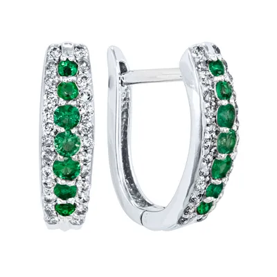 Emerald & Diamond J-Hoop Earrings in 10/14K White Gold