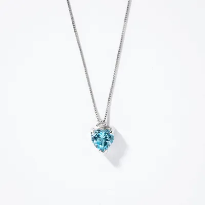 Heart Shaped Blue Topaz Necklace with Diamond Accent in 10K White Gold