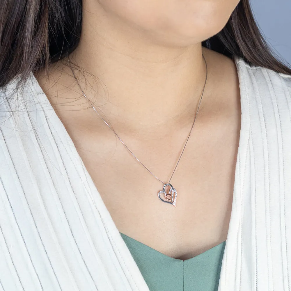 Floating Double Heart Diamond Necklace in 10K White and Rose Gold (0.0