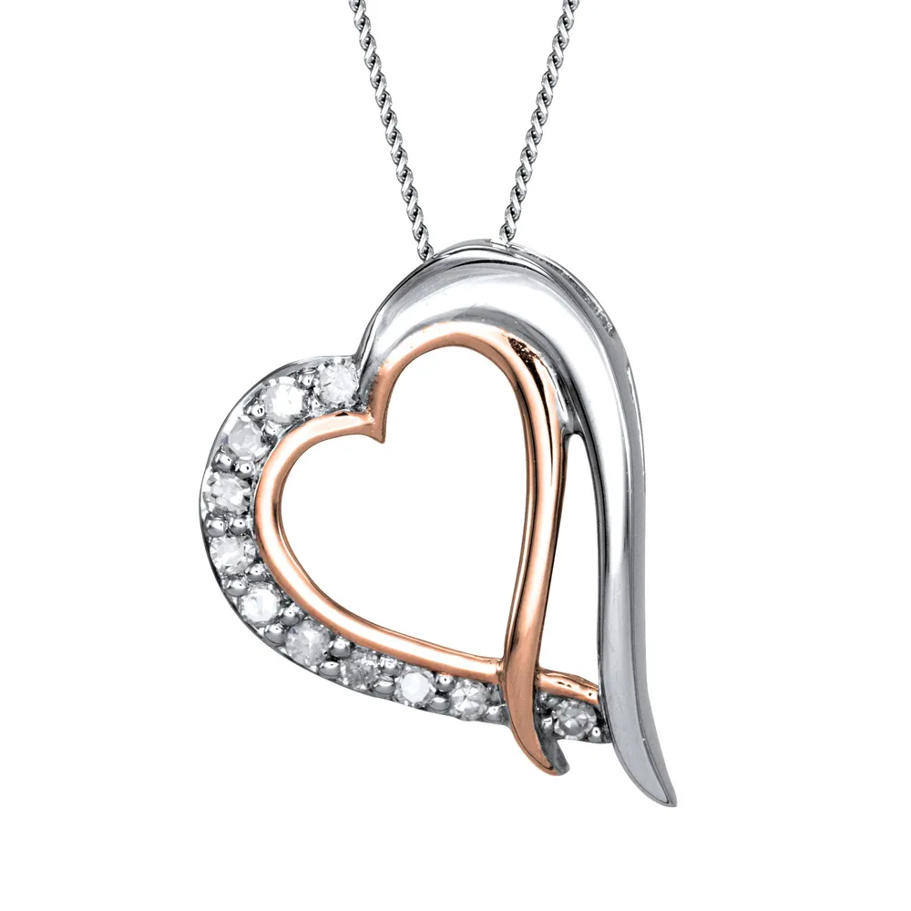 Two-Tone Double Heart Diamond Necklace in 10K White and Rose Gold (0.0