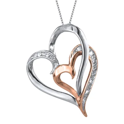 Floating Double Heart Diamond Necklace in 10K White and Rose Gold (0.0