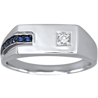 Gent's Off-Set Sapphire and Diamond Ring 10K White Gold