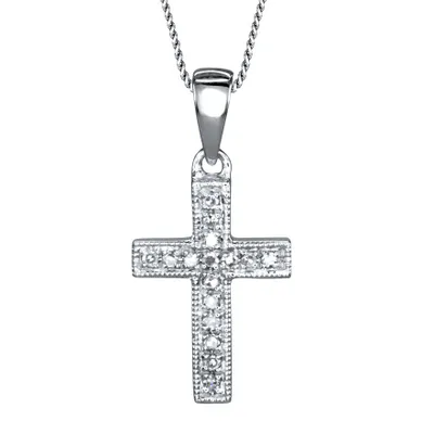 Pavé Diamond Cross Pendant in 10K White Gold with Chain (0.05ct tw)