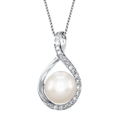 Cultured Pearl Eternity Style Diamond Pendant Necklace in 10K White Go