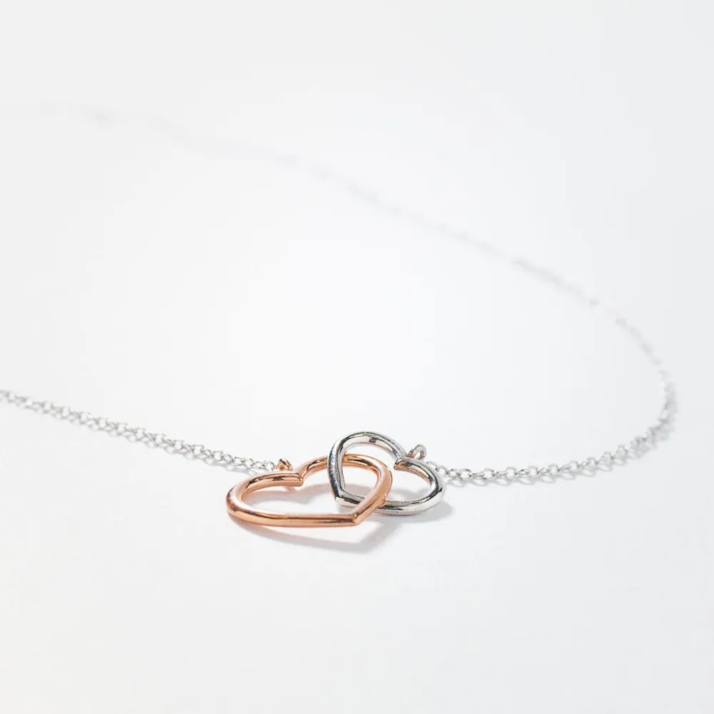 Interlocking Double Hearts Pendant Necklace in 10K White and Rose Gold