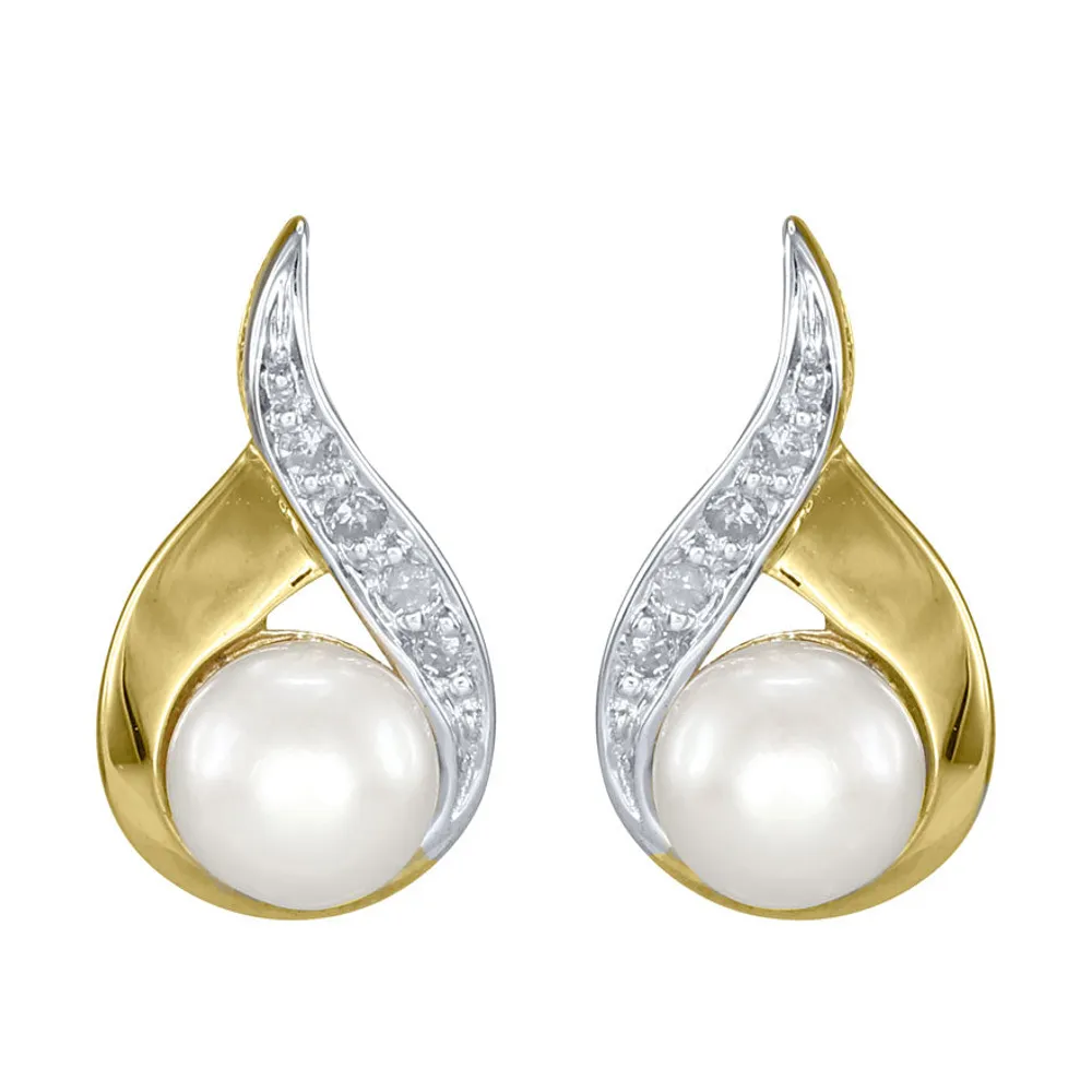 Cultured Pearl Diamond Earrings in 10K Yellow Gold