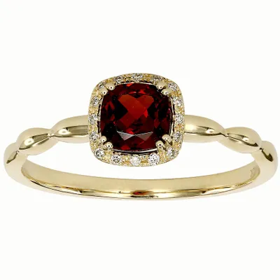 Cushion Shaped Garnet and Diamond Ring 10K Yellow Gold