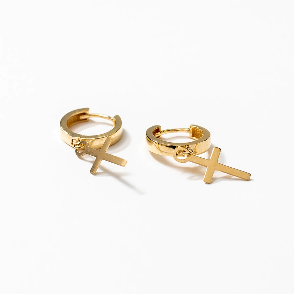 Dangle Cross Hoop Earrings in 10K Yellow Gold