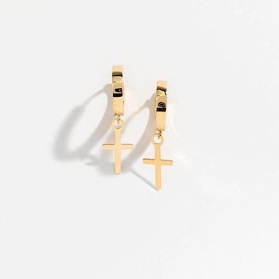 Dangle Cross Hoop Earrings in 10K Yellow Gold