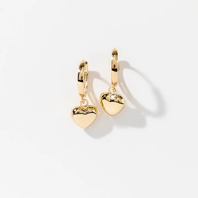 Dangle Heart Hoop Earrings in 10K Yellow Gold