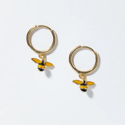 Bee Dangle Hoop Earrings in 10K Yellow Gold