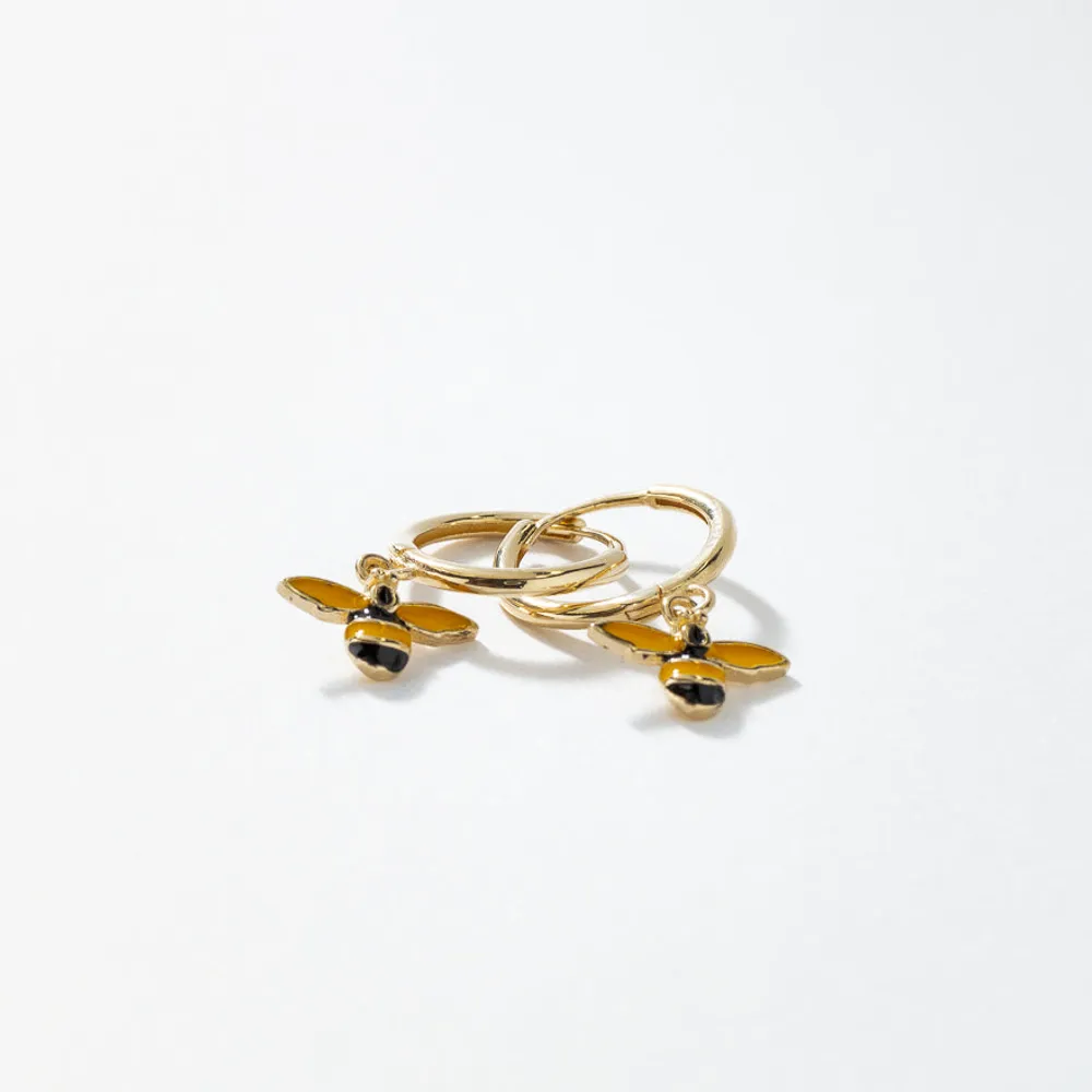 Bee Dangle Hoop Earrings in 10K Yellow Gold