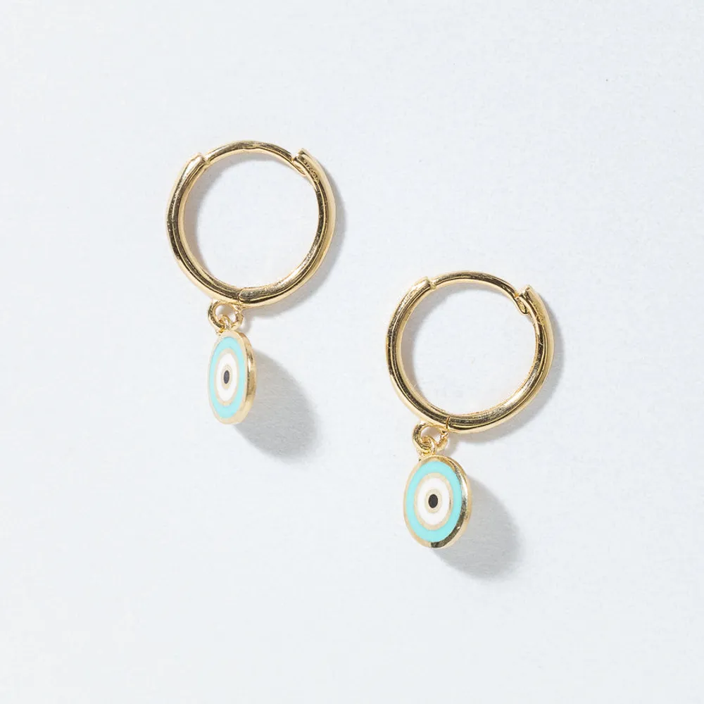 Evil Eye Dangle Hoop Earrings in 10K Yellow Gold