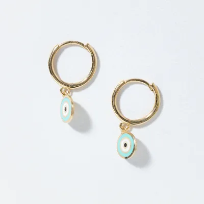 Evil Eye Dangle Hoop Earrings in 10K Yellow Gold