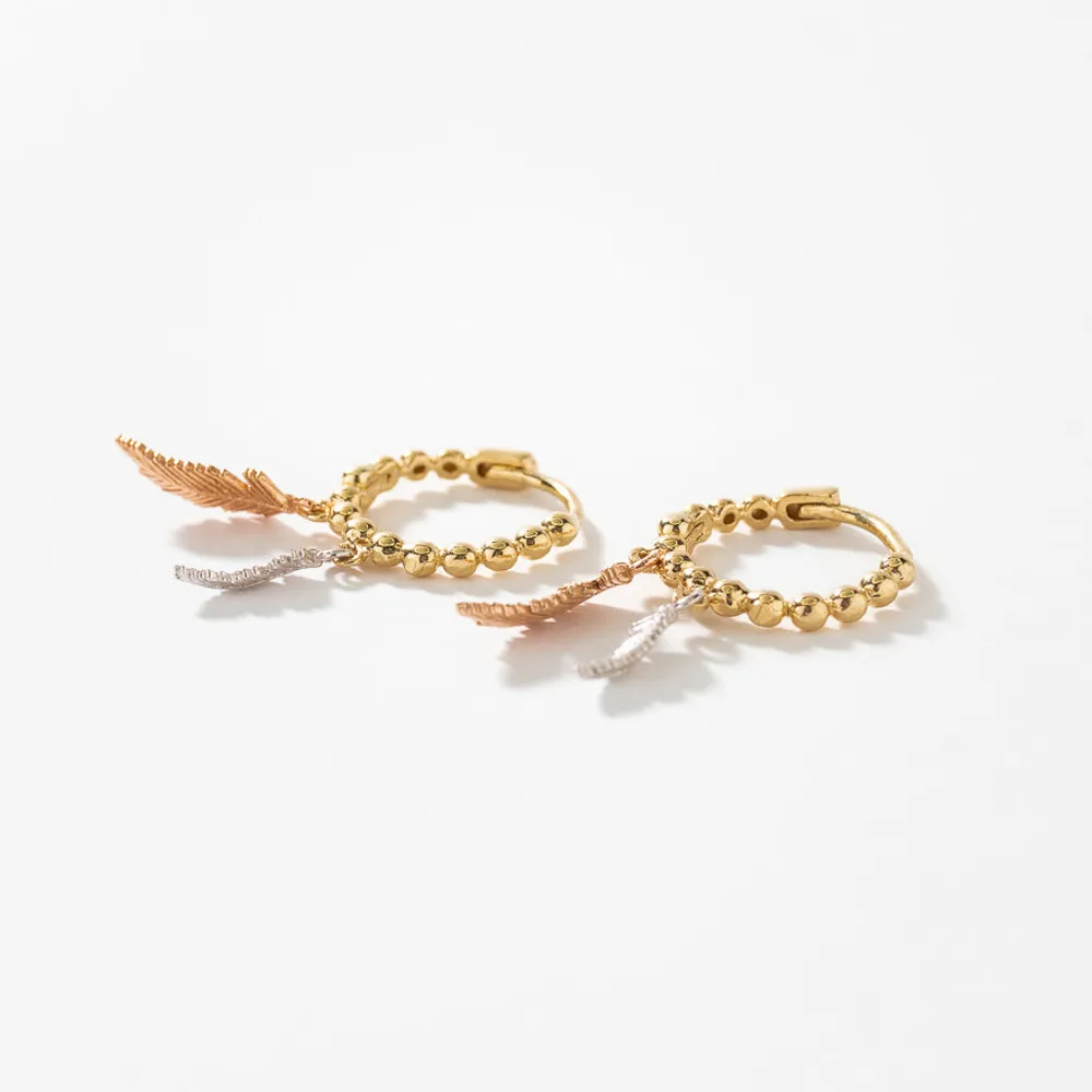 Beaded Hoop Earrings With Feather Charm In 10K Yellow, White and Rose