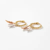 Beaded Hoop Earrings With Feather Charm In 10K Yellow, White and Rose