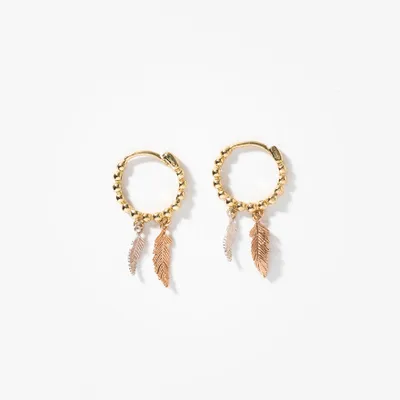 Beaded Hoop Earrings With Feather Charm In 10K Yellow, White and Rose