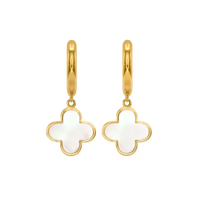 Flower Hoop Earrings With Mother Of Pearl in 10K Yellow Gold