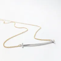 Curved T-Bar Pendant Necklace in 10K Yellow and White Gold