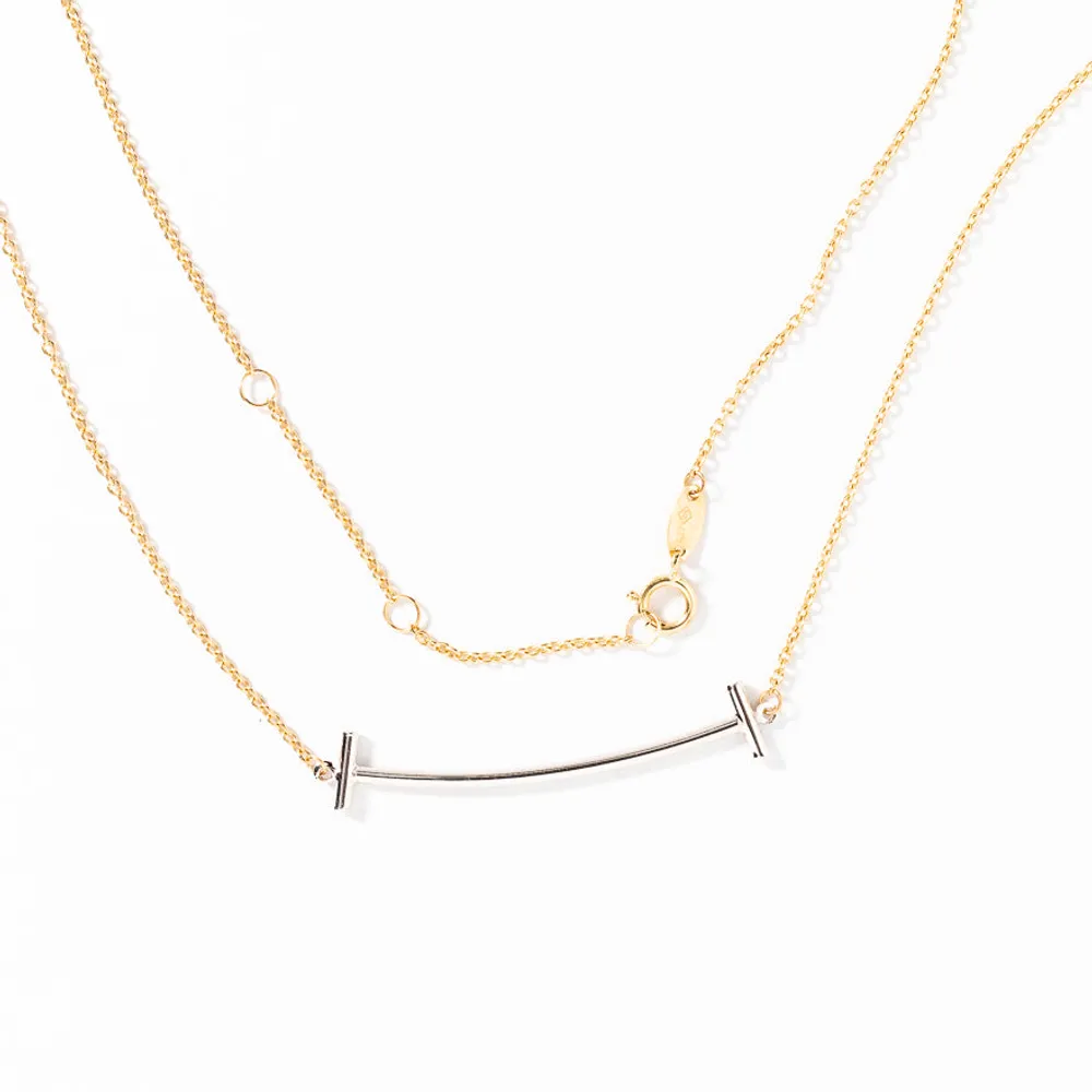 Curved T-Bar Pendant Necklace in 10K Yellow and White Gold