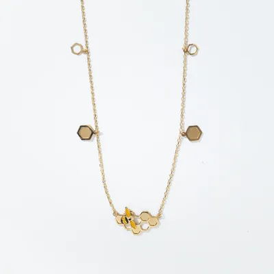 Honeycomb and Bee Pendant Necklace in 10K Yellow Gold