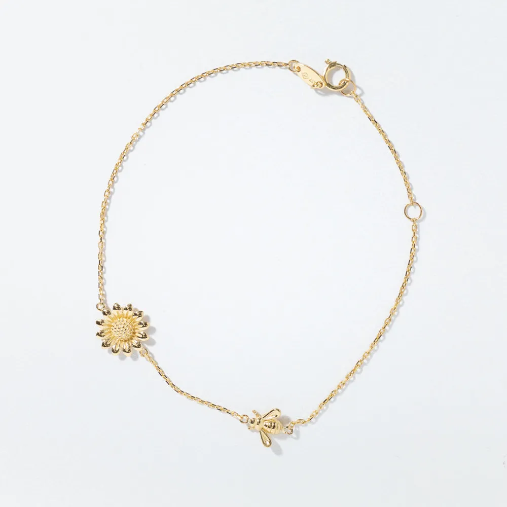 Sunflower and Bee Charm Bracelet in 10K Yellow Gold