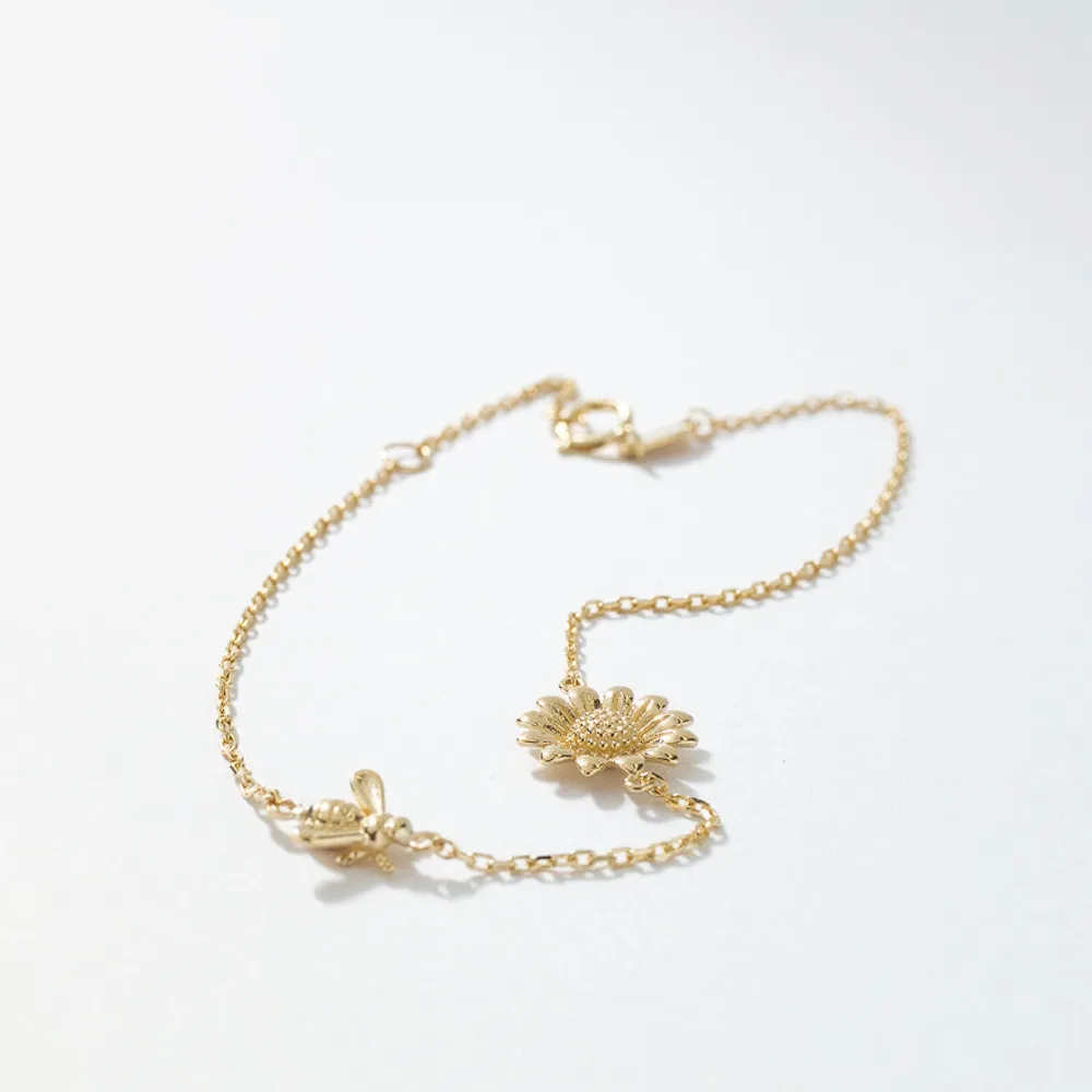 Sunflower and Bee Charm Bracelet in 10K Yellow Gold