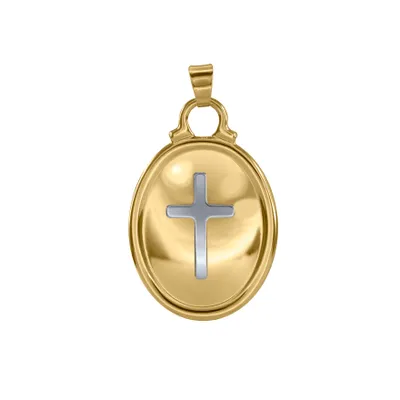 Oval Cross Pendant in 10K Yellow and White Gold