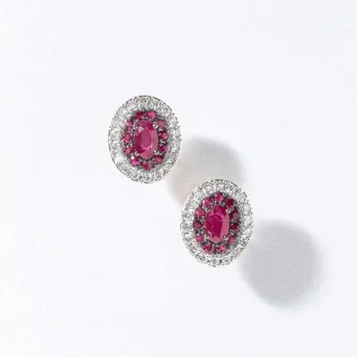 Double Halo Ruby Earrings in 10K Yellow Gold