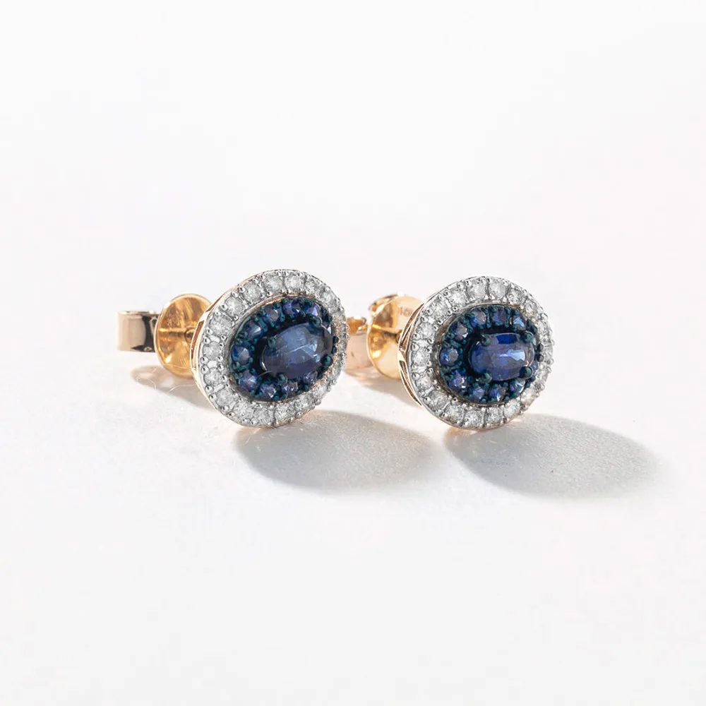 Double Halo Sapphire Earrings in 10K Yellow Gold