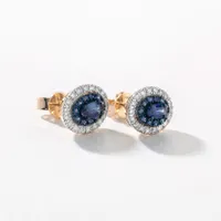 Double Halo Sapphire Earrings in 10K Yellow Gold