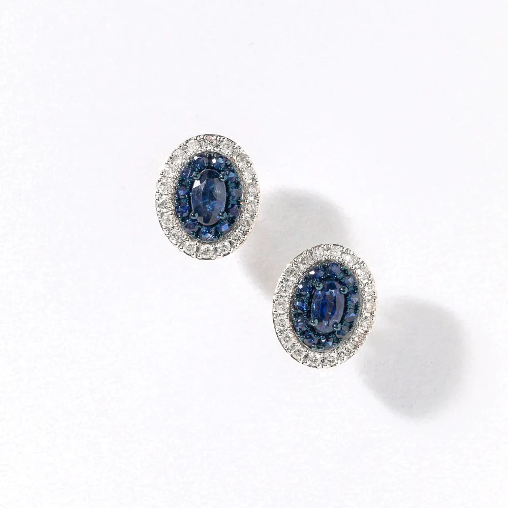 Double Halo Sapphire Earrings in 10K Yellow Gold