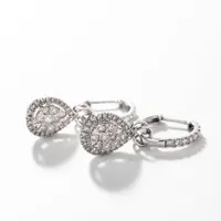 10K White Gold Diamond Huggie Hoop Earrings with Removable Pear Shaped