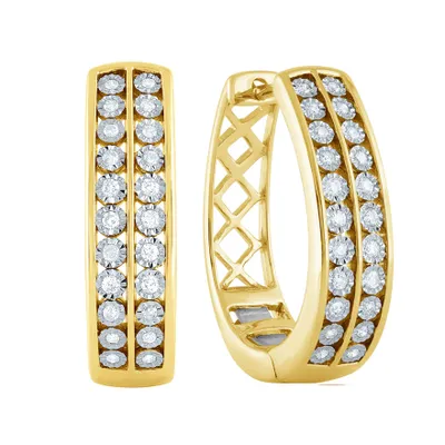 Diamond Cluster Hoop Earrings with Spring Hinge in 10K Yellow and Whit