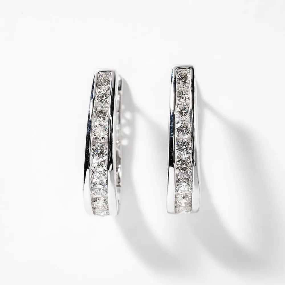 Channel Set J Hoop Earrings in 10K White Gold (1.50 ct tw)