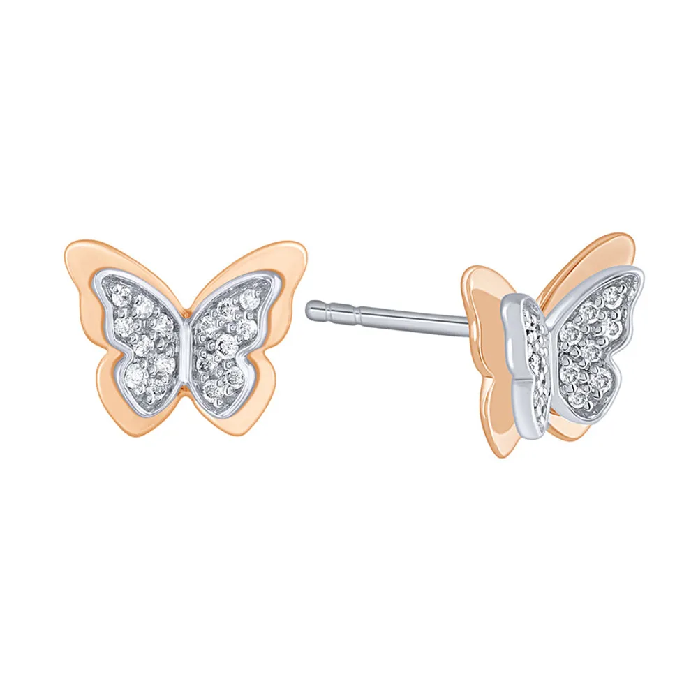 10K Rose and White Gold Diamond Butterfly Stud Earrings (0.13ct tw)