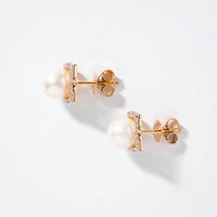 Pearl Earrings with Diamond Accents in 10K Yellow Gold