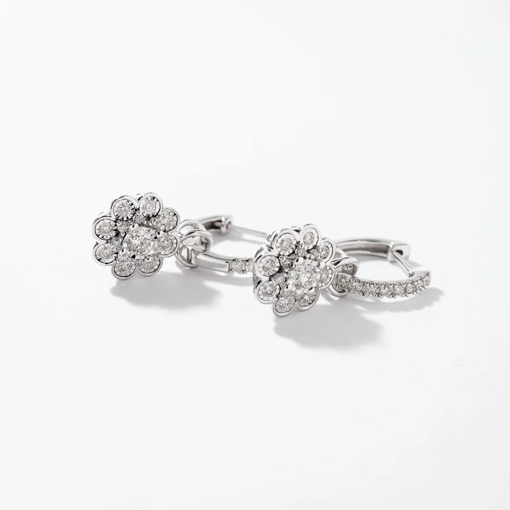 Diamond Hoop Earrings With Removable Flower Charm in 10K White Gold (0