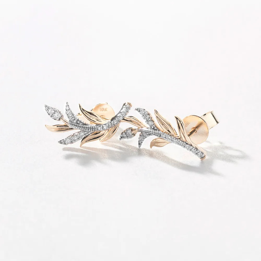 Palm Leaf Stud Earrings in 10K Yellow Gold (0.16 ct tw)